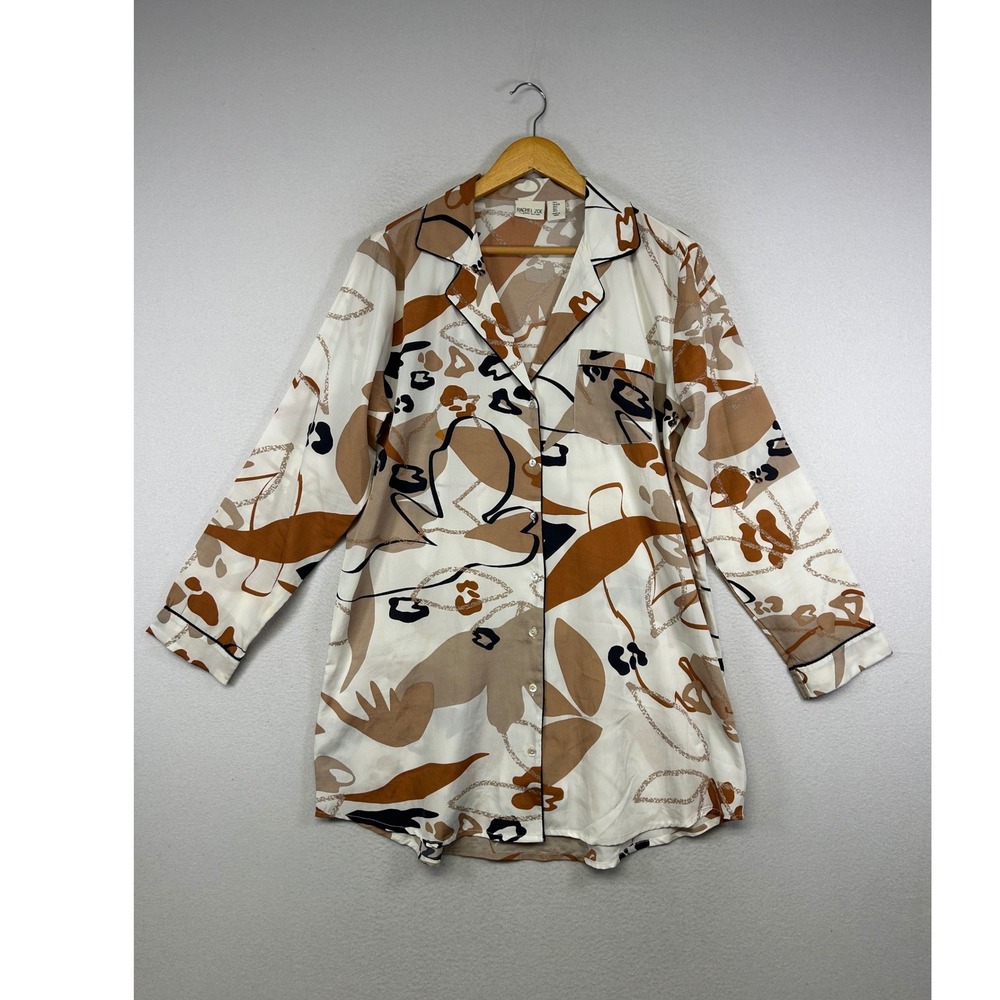 Chic Abstract Rachel Zoe Womens LG White Tan Button Down Long Sleeve Sleep Shirt